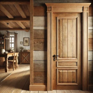  A farmhouse style door trim with a rustic and cozy feel, featuring wider boards with a rough, natural finish. The trim should convey warmth and charm,