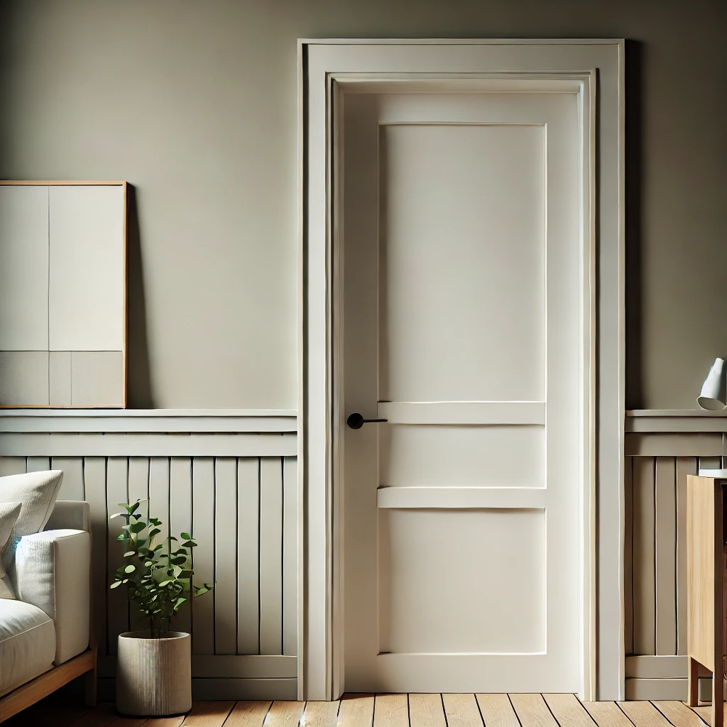 A Shaker style door trim with a simple, functional, and timeless design. The trim should consist of flat boards with clean, straight edges and no addi