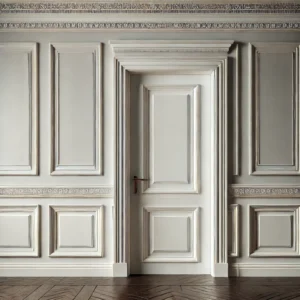 A wainscoting door trim that combines door trim with wall paneling, extending from the door frame and continuing around the room. The trim should feat